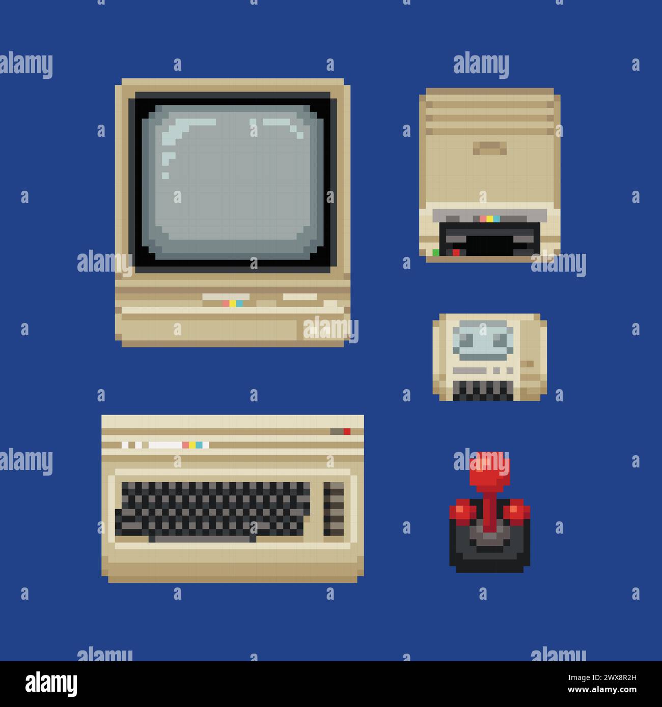 Set di icone stile pixel art retro computer. Adesivi per il design della vecchia scuola. Sprite a 64 bit per videogiochi. Retro computer, floppy, disk cassette, joystick Illustrazione Vettoriale