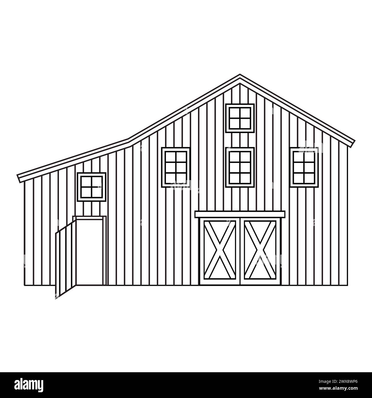 Casale o fienile in legno bianco e nero. Illustrazione vettoriale isolata dell'esterno dell'edificio del villaggio su sfondo bianco per colorare le pagine Illustrazione Vettoriale