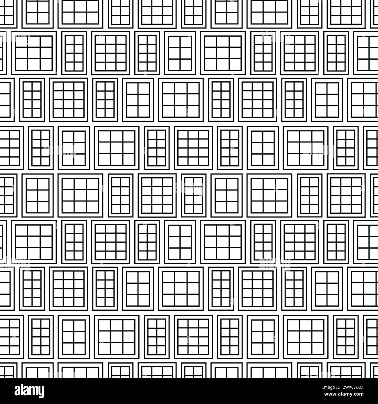 Ripetizione geometrica senza cuciture delle finestre. Contorno bianco e nero di case in legno su sfondo bianco Illustrazione Vettoriale