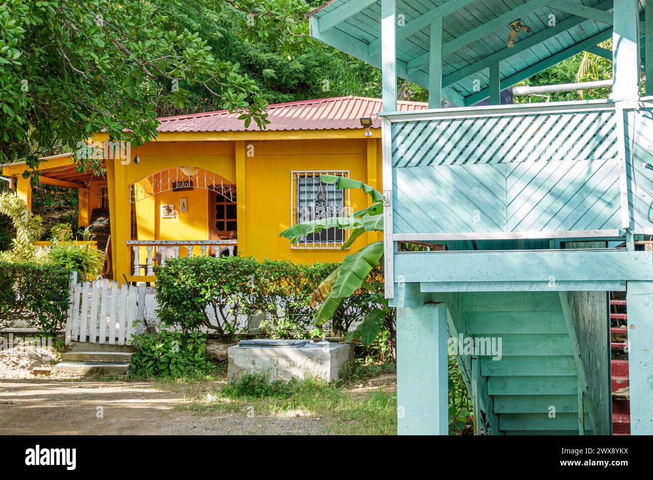 Port Roatan Honduras, Coxen Hole, Bay Islands, Main Street, case case case, edifici, residenze architettoniche, gialle, esterni Foto Stock