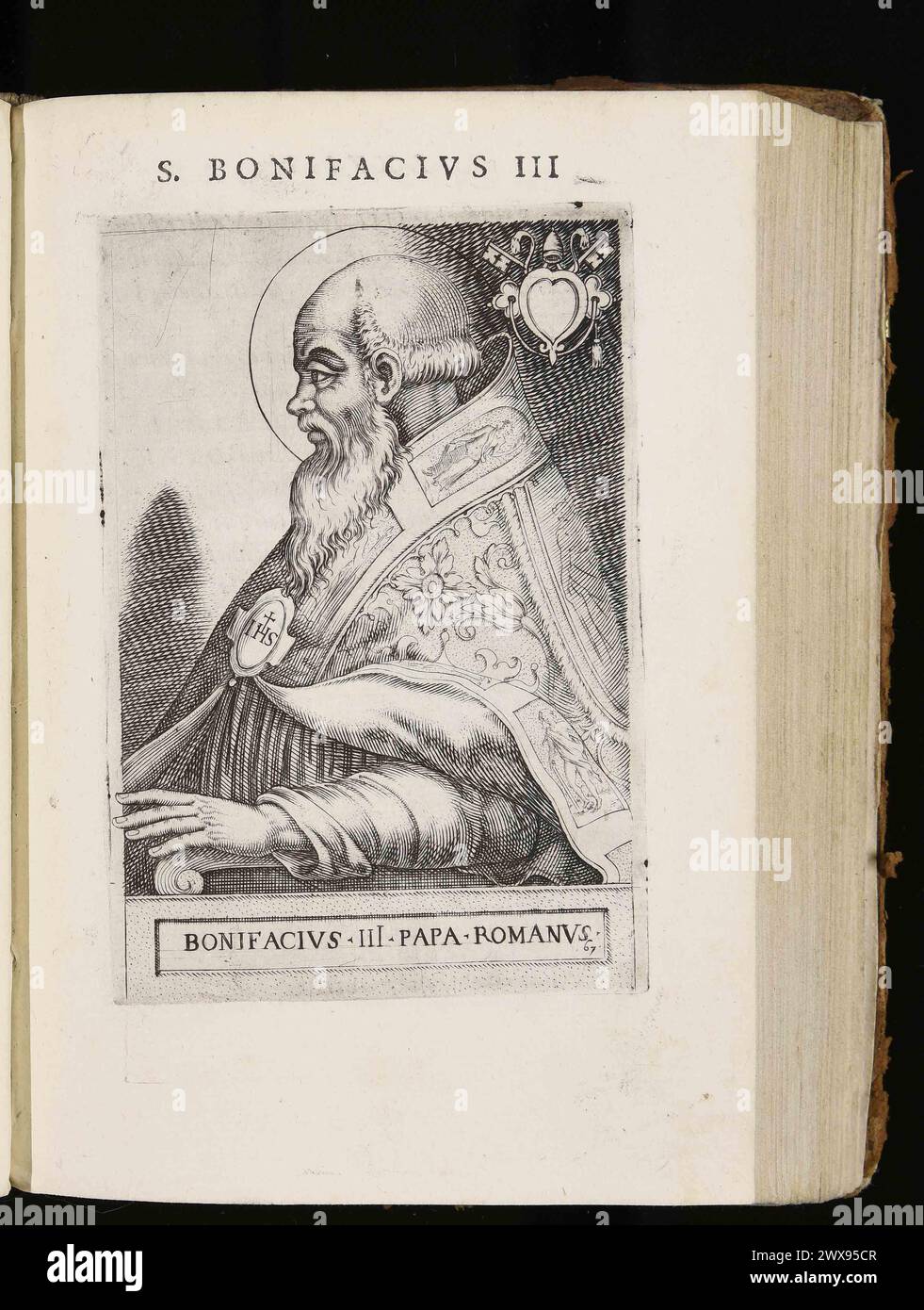 Un'incisione del 1580 di Papa Bonifacio III che fu pontefice per 266 giorni nell'AD606. Era il 66° papa. Foto Stock