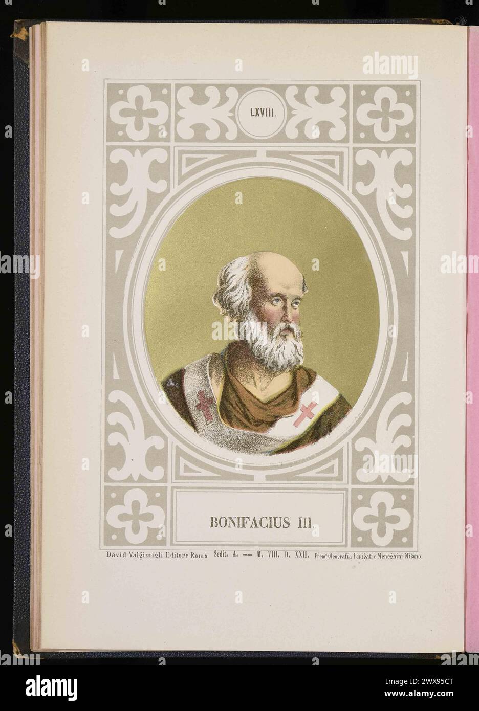 Un'incisione del 1879 di Papa Bonifacio III che fu pontefice per 266 giorni nell'AD606. Era il 66° papa. Foto Stock