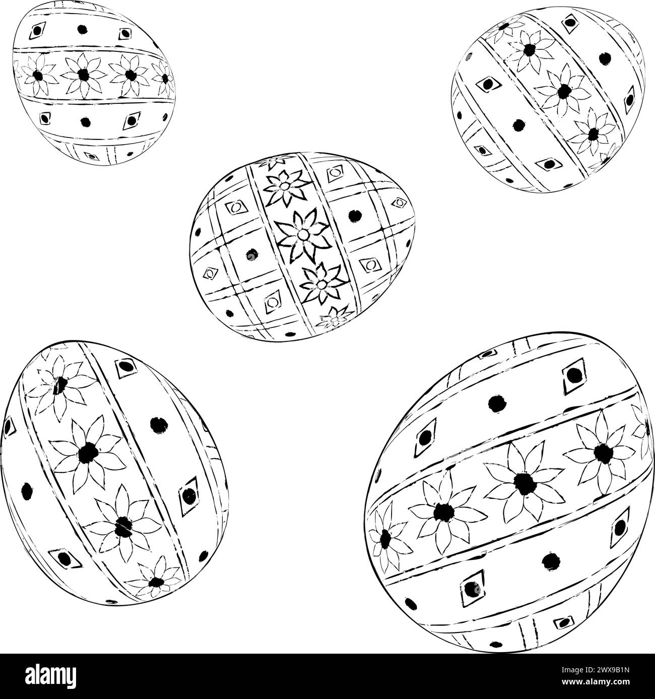 Arte di linea di 5 uova di Pasqua decorate con ornamenti. Illustrazione vettoriale delle uova di Pasqua decorate con motivi. Stile di pittura. Regalo natalizio Illustrazione Vettoriale