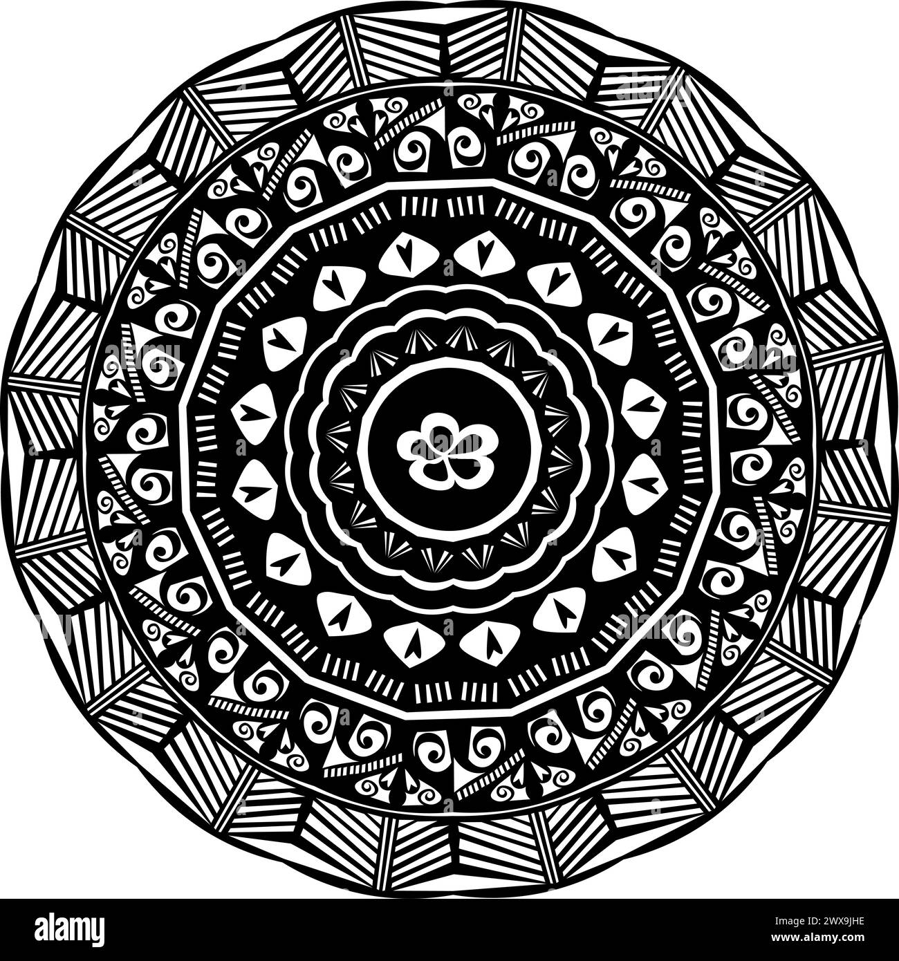 L'immagine è un complesso design circolare estremamente dettagliato, con rendering in bianco e nero. Foto Stock