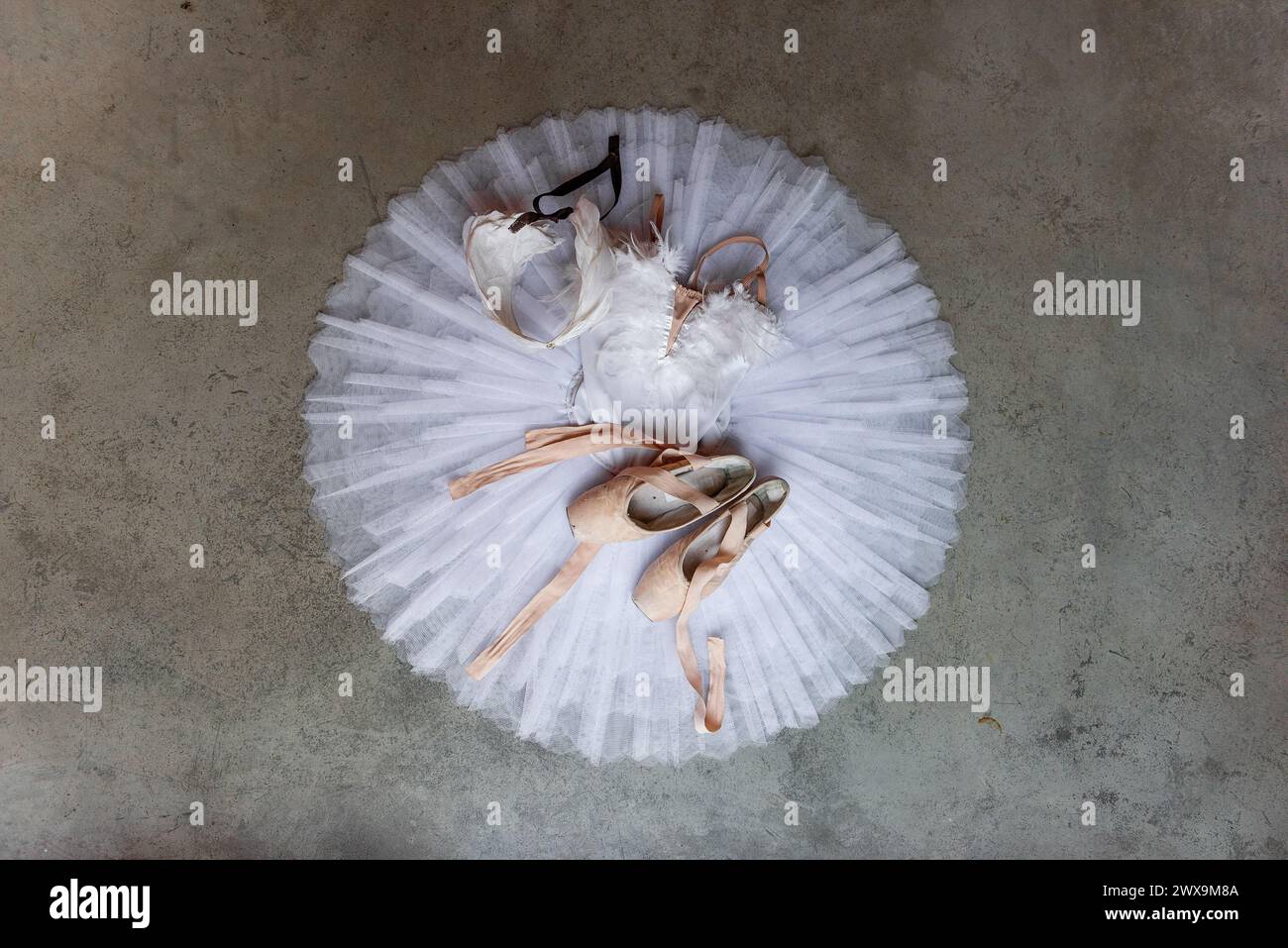 Vista dall'alto del complesso completo di balletto, con tutù, corpetto piumato e scarpe pointe, disposte su una superficie di cemento duro, evocando un senso di equilibrio Foto Stock