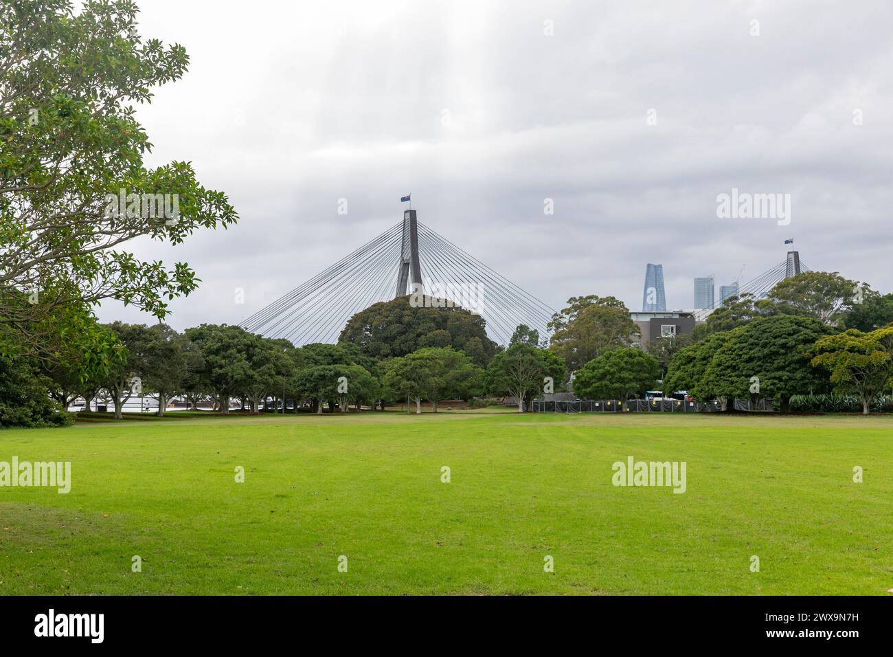 Il Jubilee Park a Glebe Sydney offre una vista della struttura dell'Anzac Bridge e del grattacielo del Sydney Crown Casino, NSW, Australia Foto Stock