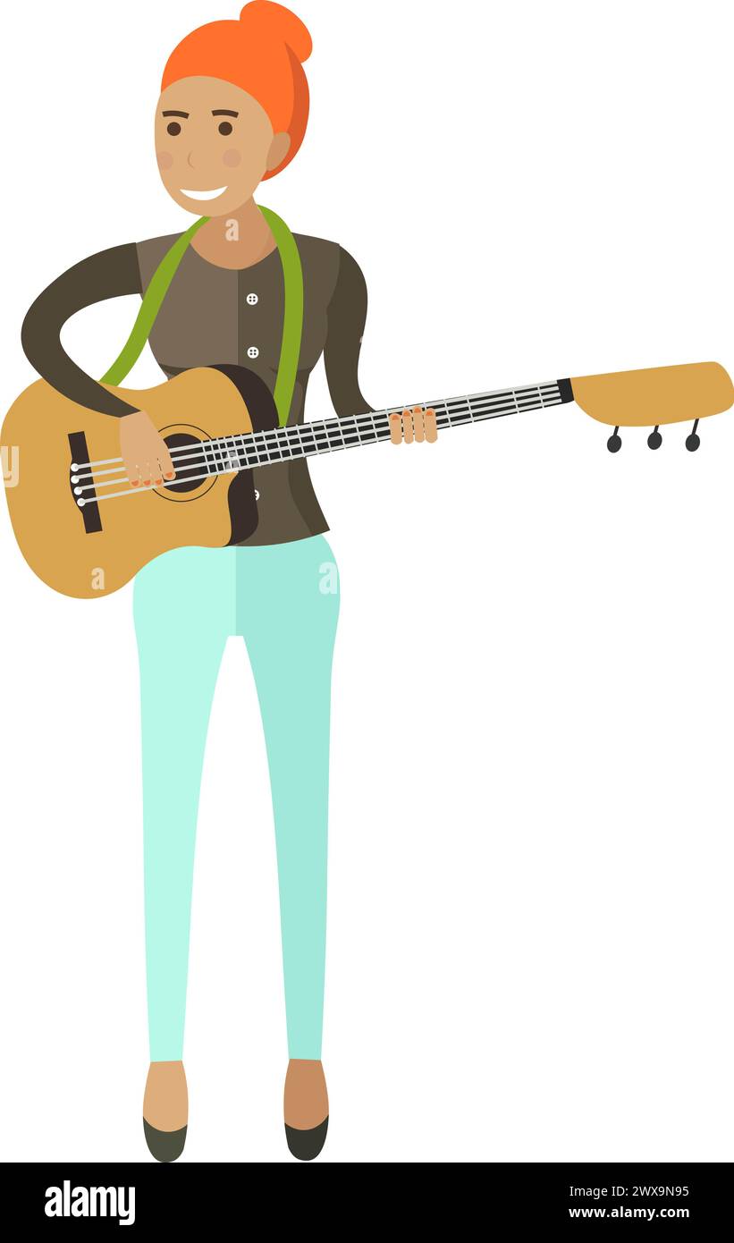 Donna che suona l'icona vettoriale della chitarra isolata sul bianco Illustrazione Vettoriale