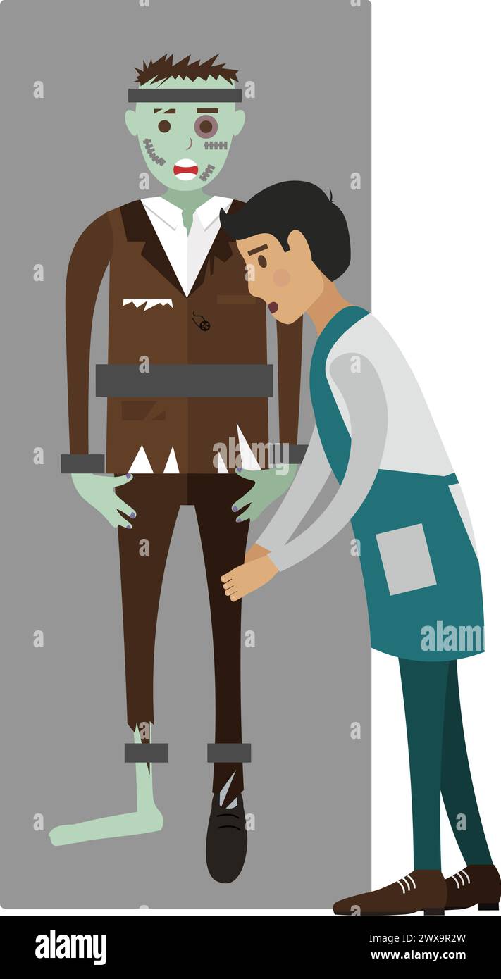 Cameriere in piedi al poster pubblicitario del cinema con l'icona vettoriale zombie isolata sul bianco Illustrazione Vettoriale