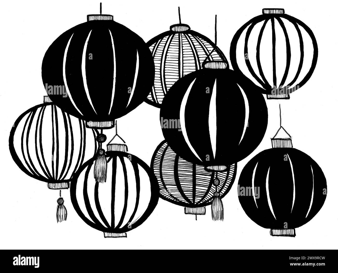 Lanterne tradizionali cinesi isolate su sfondo bianco. Disegno decorativo. Lanterne di forma rotonda, di colore nero, in una striscia con decorazione. Eleme Foto Stock