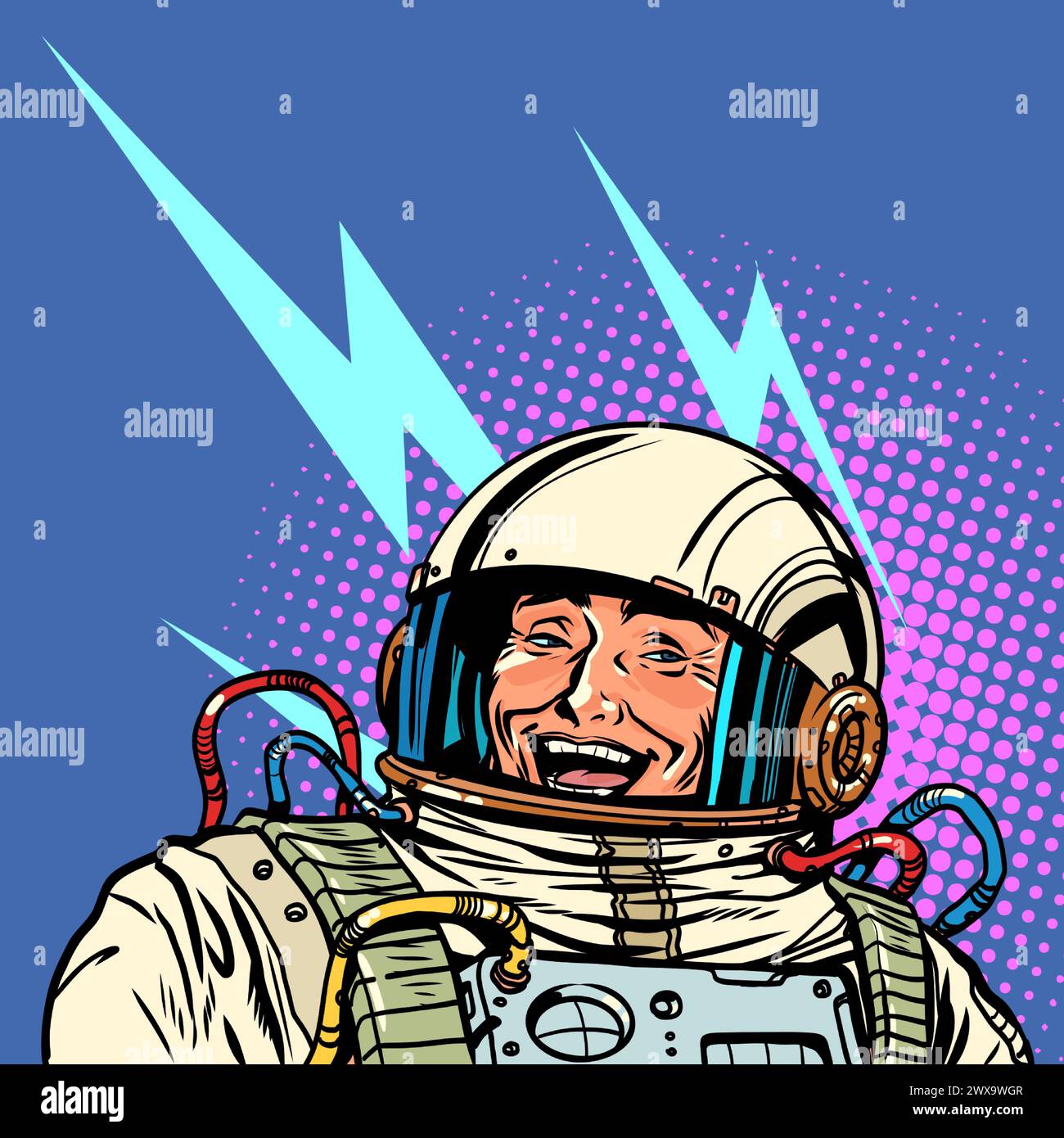 L'astronauta sorride. L'eroe si rallegra di un'altra vittoria. Esplorando lo spazio insieme. Pop Art retro Vector Illustration Kitsch Vintage anni '50 anni '60 Illustrazione Vettoriale