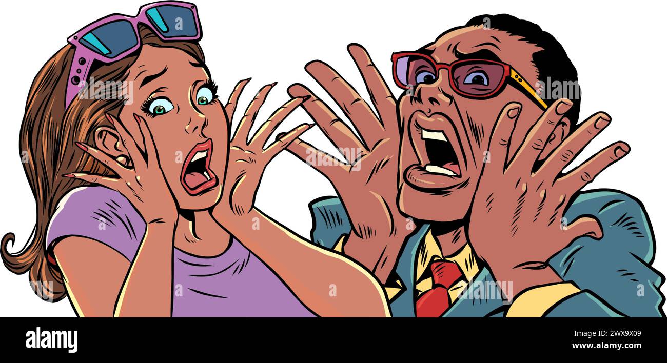 Un uomo e una donna urlano con orrore, coprendo i loro volti con le mani. Proposte spaventose per la luna di miele. Clienti sorpresi e spaventati. Retro Pop Art Illustrazione Vettoriale
