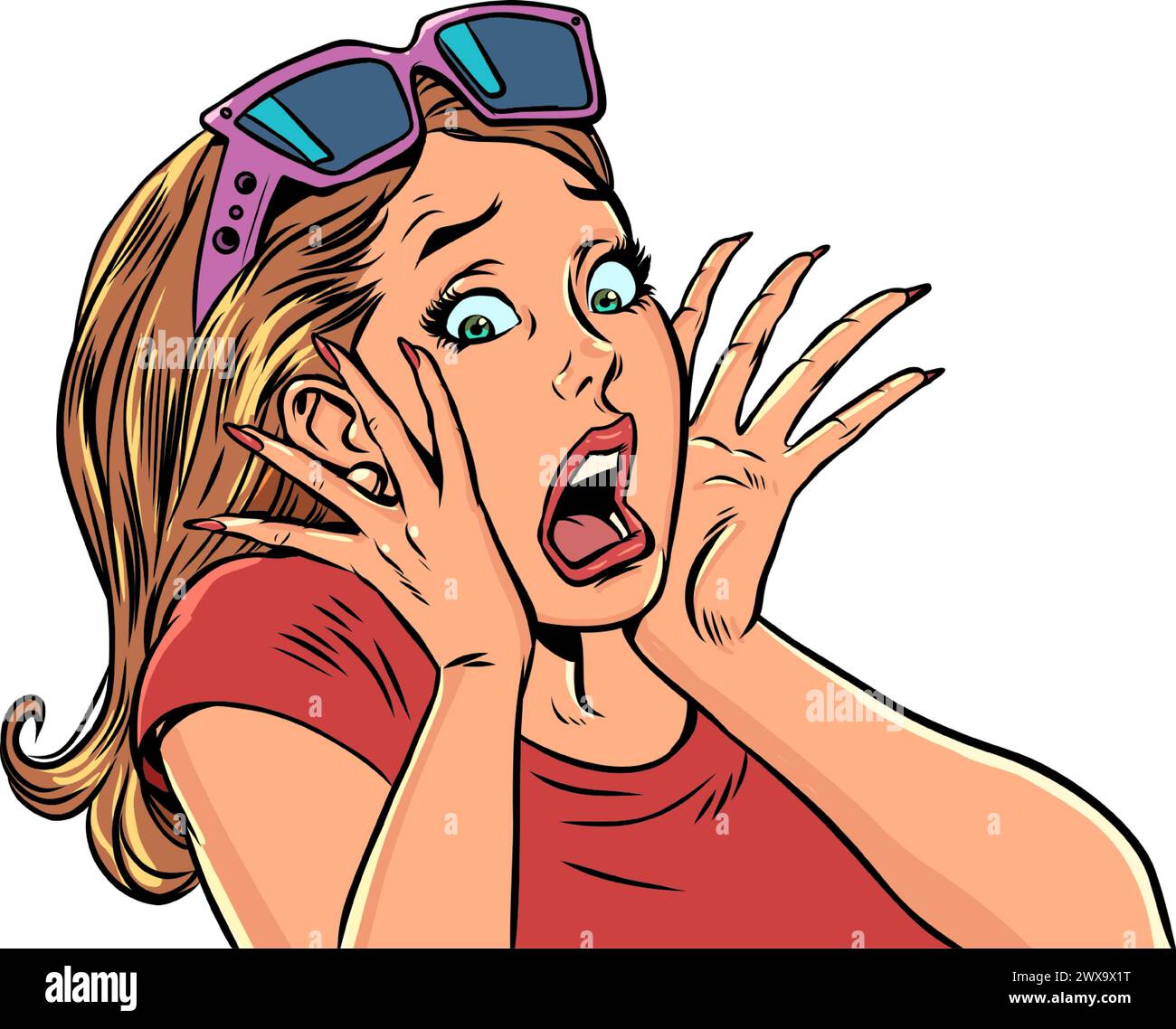 La donna urla con orrore, coprendo il viso con le mani. Incredibili offerte per le vacanze. Cliente sorpreso e spaventato. Pop Art retro Vector Illustr Illustrazione Vettoriale