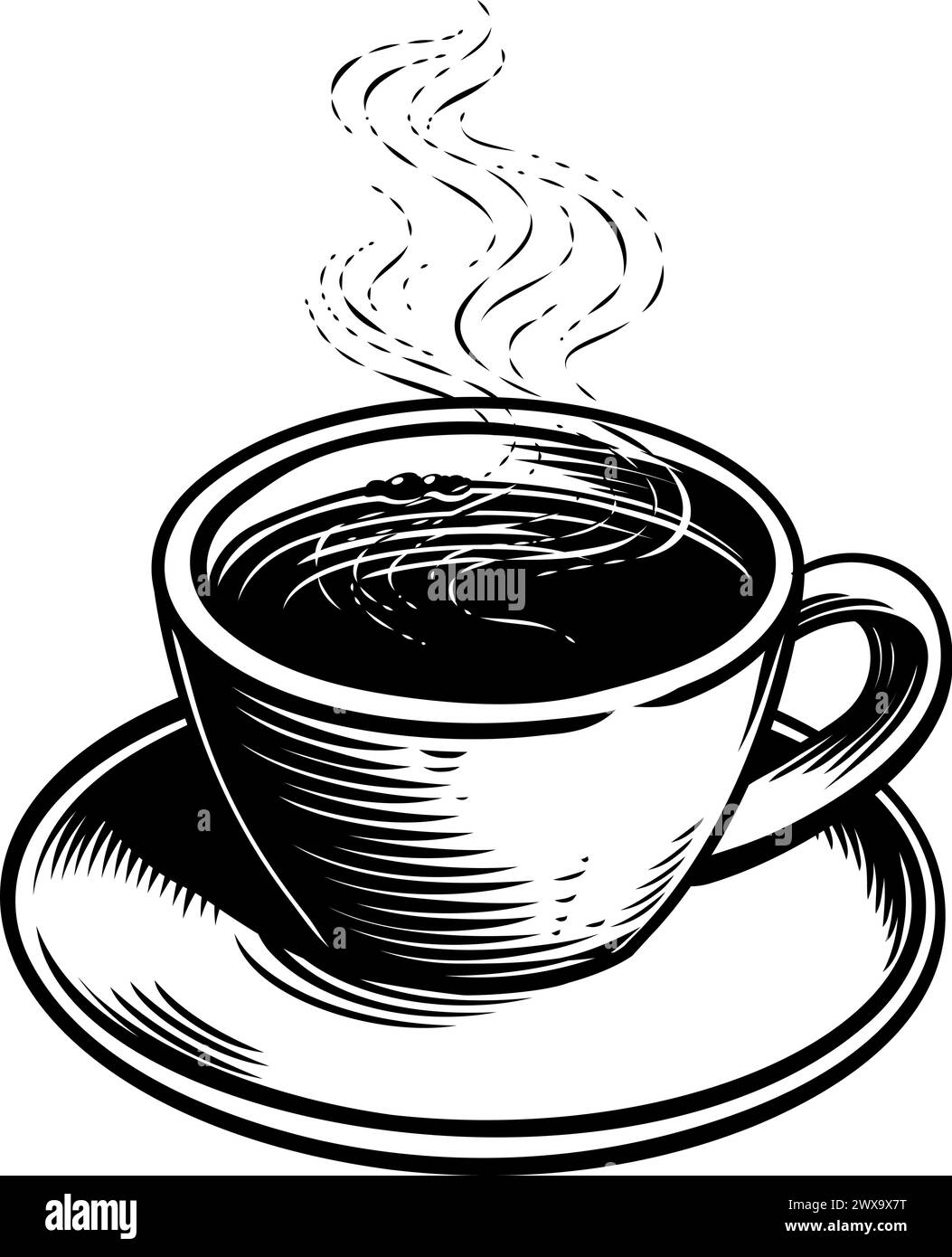 Tazza di caffè vapore Smoke retro Etching Woodcut Style Illustrazione Vettoriale