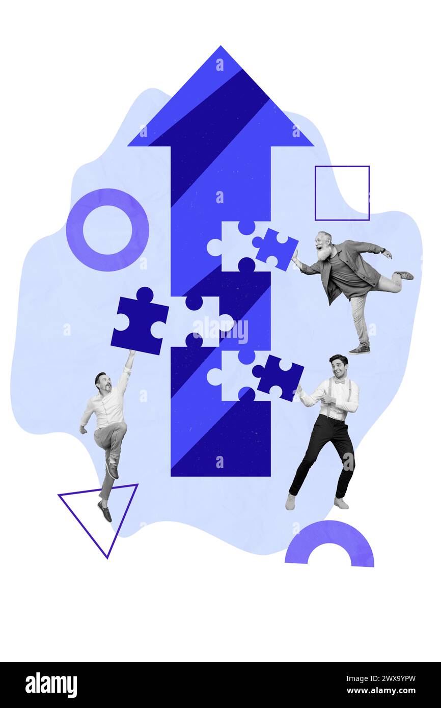 Collage fotografico creativo verticale persone energiche e ambiziose completano il miglioramento dell'indicatore di freccia del gioco rompicapo raggiungere l'obiettivo Foto Stock