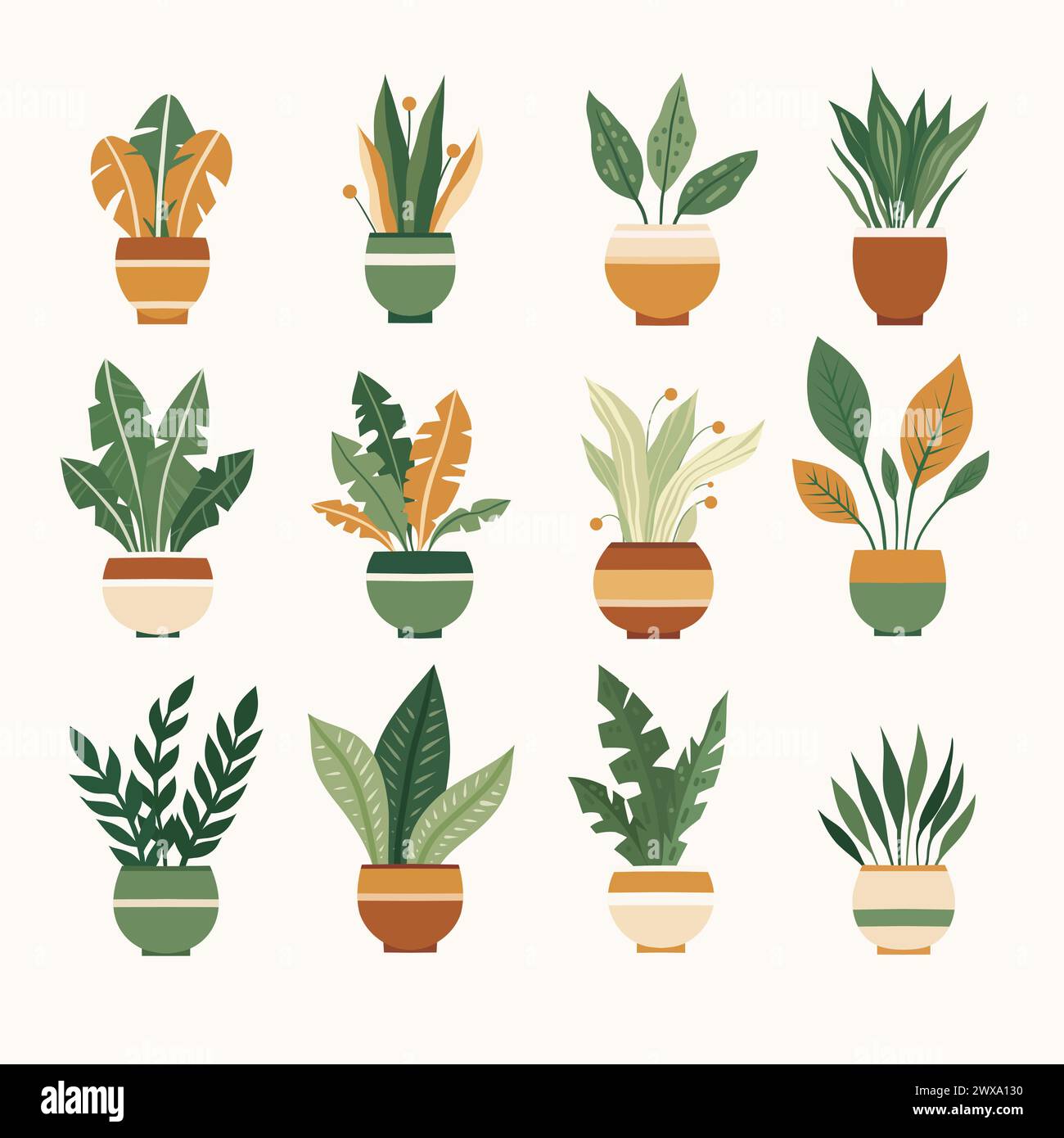 Set vettoriale di varie piante in pentole clip art Collezione di fiori per la decorazione della casa. Vegetazione nei vasi. Elementi di design naturali per adesivi Illustrazione Vettoriale
