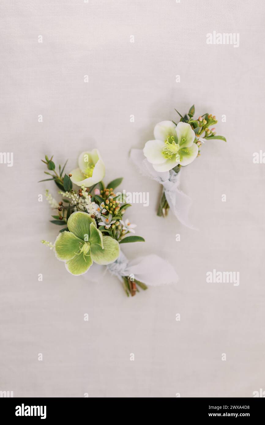 Eleganti boccali floreali verdi e bianchi Foto Stock