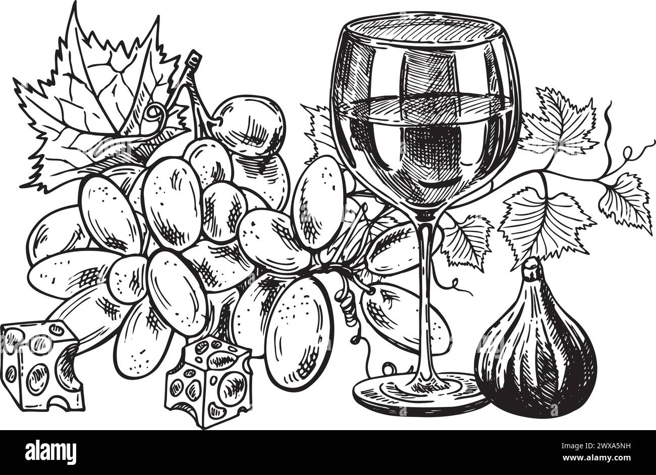 Pila di formaggio estratto a mano con bottiglia di vino, bicchiere di vino, uva e fico. Illustrazione vettoriale disegnata a mano. Illustrazione Vettoriale