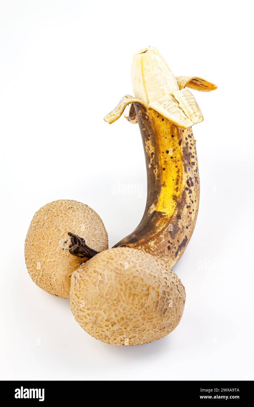 Banana matura con macchie marroni su sfondo bianco. Foto Stock