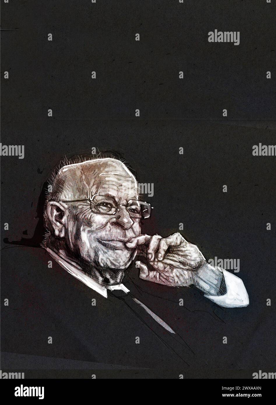 Arte caricatura di Daniel Kahneman, autore israeliano-americano, psicologo, & economista, noto premio Nobel, per il suo lavoro sull'economia comportamentale Foto Stock