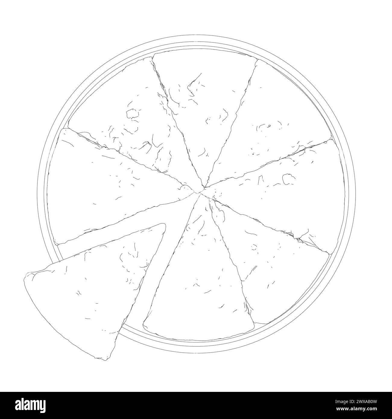 Pizza con un'icona lineare separata da una fetta. Illustrazione con linea sottile. Simbolo del contorno. Disegno di contorno isolato vettoriale. Pizza con una fetta di li separati Illustrazione Vettoriale