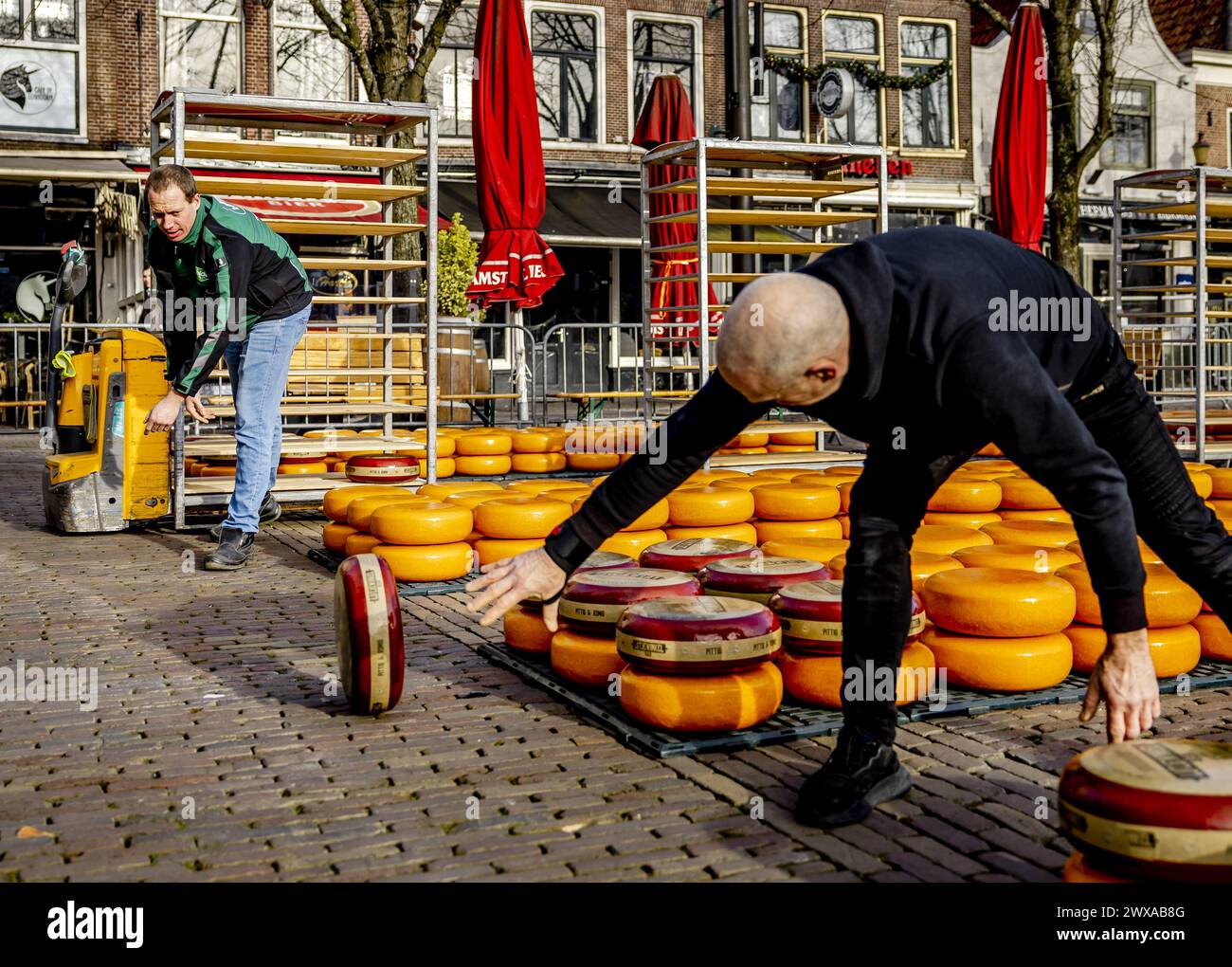 ALKMAAR - i formaggi sono disposti prima dell'apertura del primo mercato del formaggio della stagione a Waagplein. ANP REMKO DE WAAL paesi bassi - uscita belgio Foto Stock