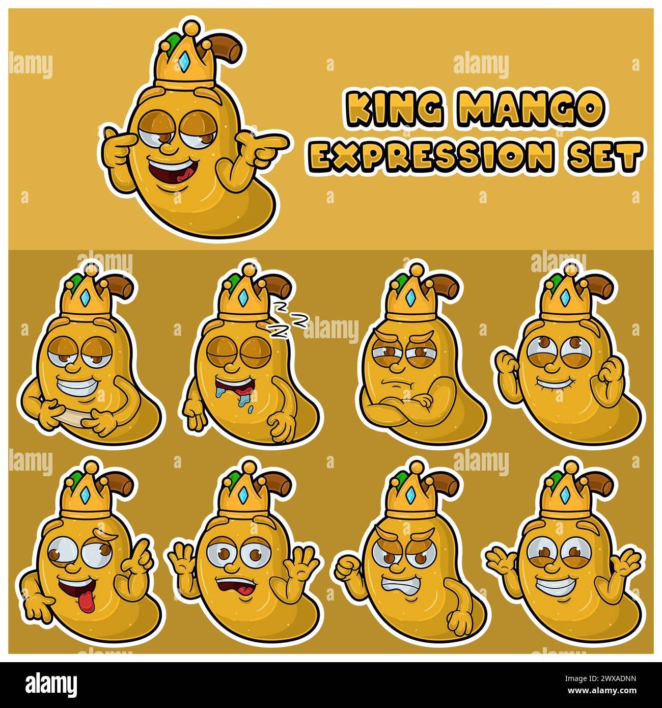 Cartone animato personaggio della mascotte di mango Fruit con set di espressioni per la corona e il viso. Illustrazione Vettoriale
