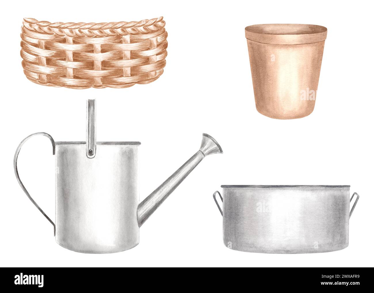 Decorazioni in stile cascina ad acquerello. Annaffiatoio, pentola per piante domestiche, pentola e cestino di vimini. Illustrazione isolata disegnata a mano. Giardino rustico suppl Foto Stock