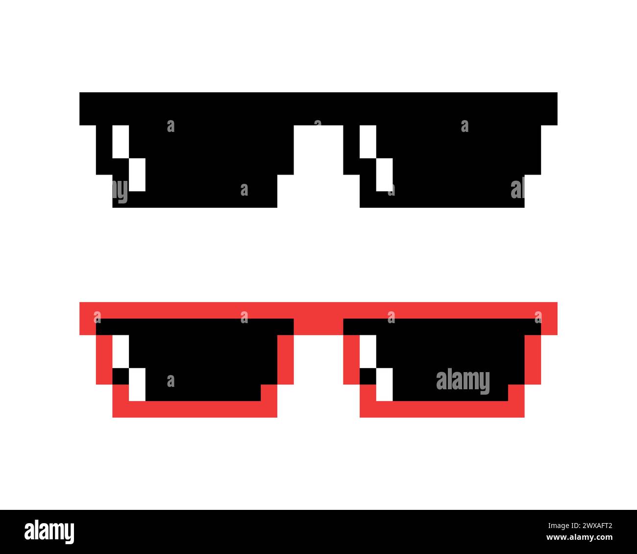 Occhiali da sole con pixel vettoriali, set di icone Pixel Boss in stile retrò a 8 bit. Summer Meme Game 8-bit Sunglasses Design, Mafia Gangster Funky Illustrazione Vettoriale