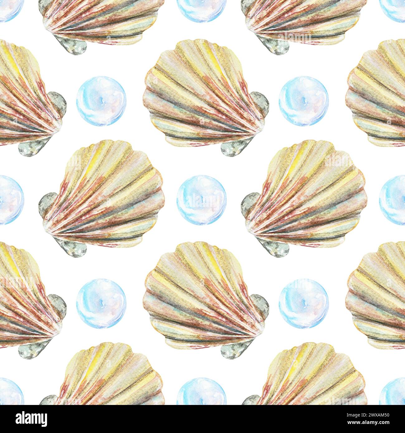 Conchiglie, bolle, acquerello senza cuciture. Illustrazione disegnata a mano per carta da imballaggio, copertine, scrapbooking, carta da parati, tessuto, abbigliamento da spiaggia. Foto Stock
