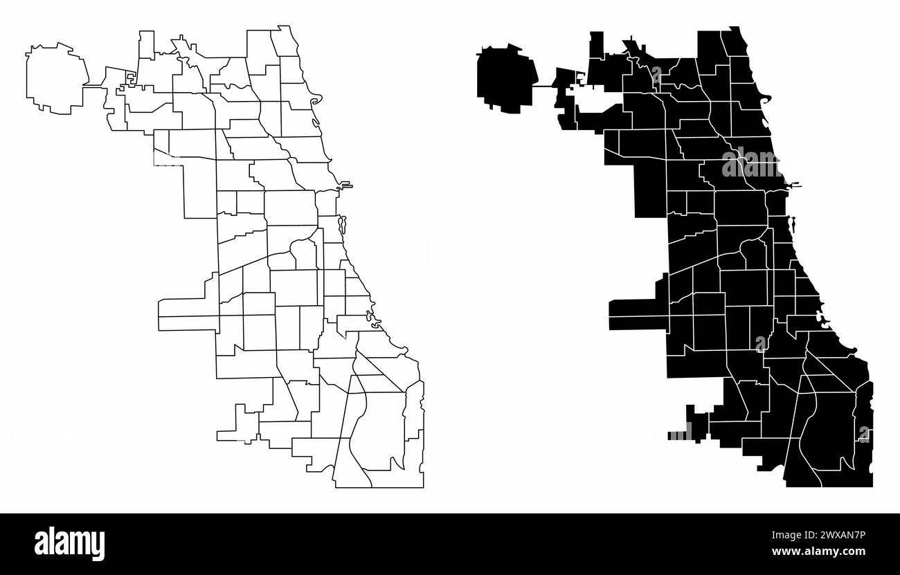 Le mappe amministrative in bianco e nero di Chicago City, USA Illustrazione Vettoriale