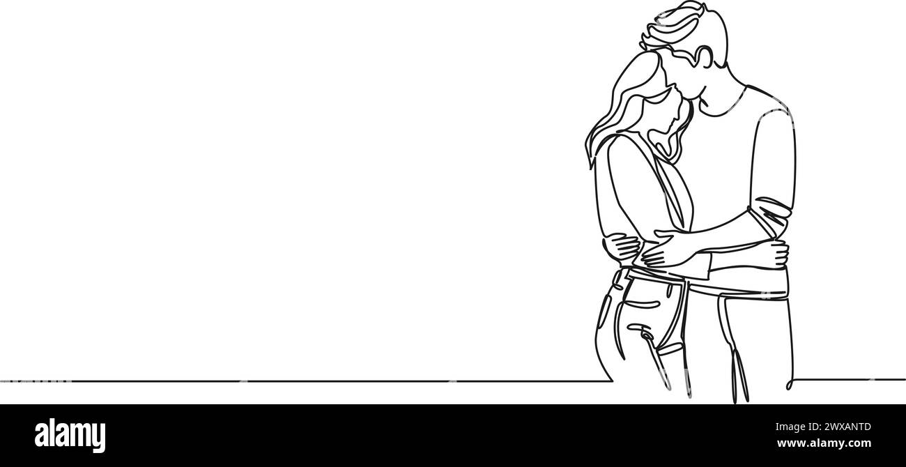 disegno continuo su una sola linea di uomo e donna che si abbracciano teneramente l'un l'altro, illustrazione vettoriale line art Illustrazione Vettoriale
