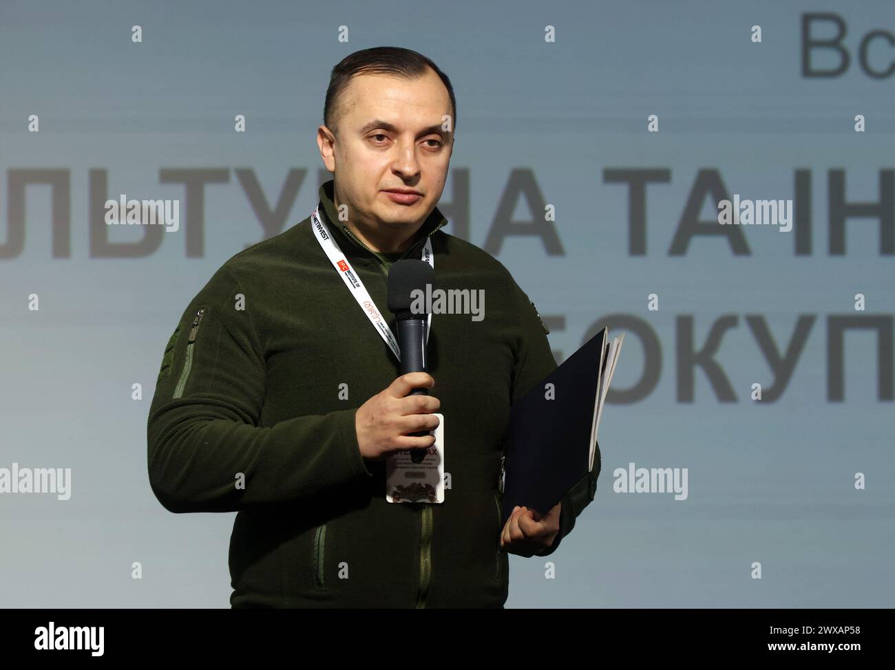 KIEV, UCRAINA - 29 MARZO 2024 - Vice Ministro per la reintegrazione dei territori temporaneamente occupati dell'Ucraina Anatolii Stelmakh partecipa alla reintegrazione culturale e informativa dei territori disoccupati Forum All-Ukrainian, Kiev, capitale dell'Ucraina. Foto Stock