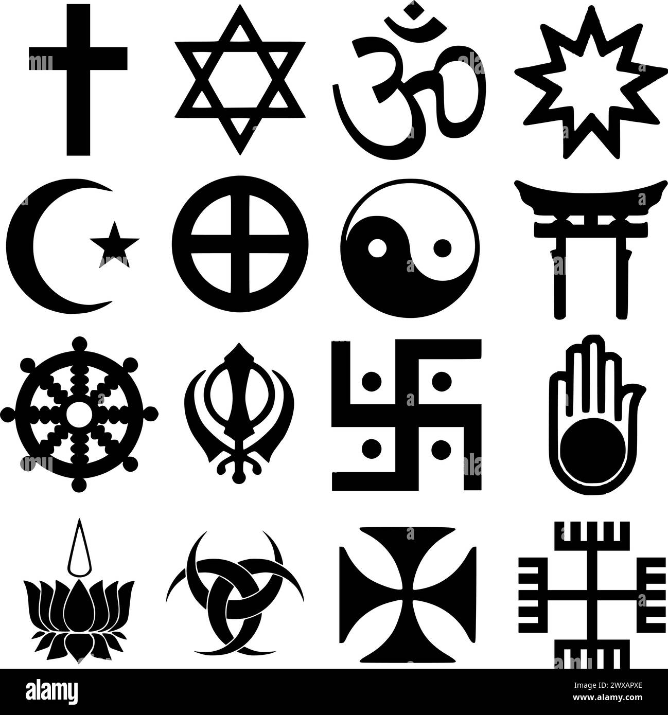 Una serie di simboli religiosi, Croce Cristiana, Stella di Davide, Omkar, Bahai, Mezzaluna, Croce del Sole, Yin-Yang, Shinto, Dharmacakra, Khanda, Swastika, Ahinsa Illustrazione Vettoriale