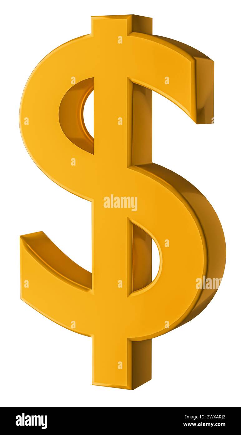 Simbolo finanziario e commerciale. Simbolo del dollaro d'oro isolato su sfondo bianco Foto Stock