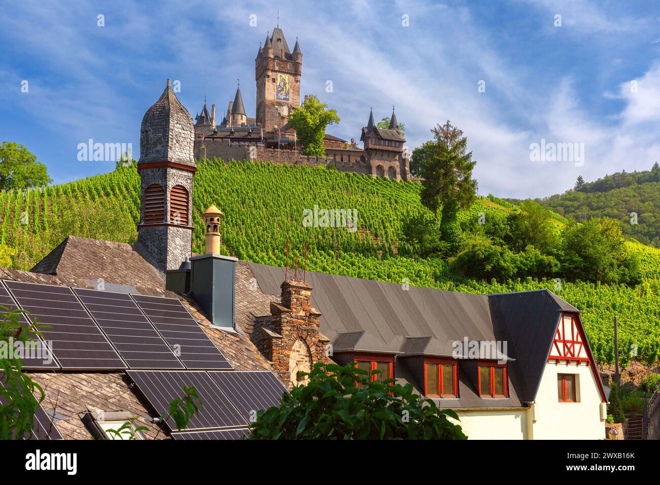 Panorama del castello di Reichsburg e dei vigneti di Cochem, splendida cittadina sul fiume Mosella, Germania Foto Stock