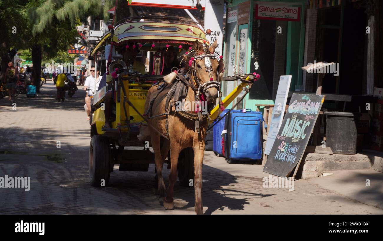 Il trasporto radicale sull'isola di Gili Trawangan si chiama Cidomo che può trasportare fino a 4 persone con cavalli Foto Stock