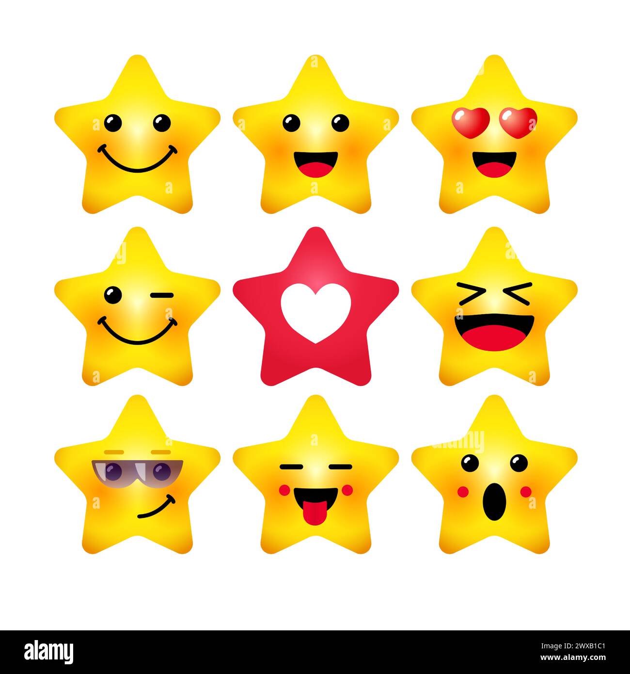 Set of cute Stars, collezione di emoticon 3D. Icone positive e amichevoli. Forma a stella con facce gialle. Idea di animazione. Concetto di Internet Messenger. Illustrazione Vettoriale