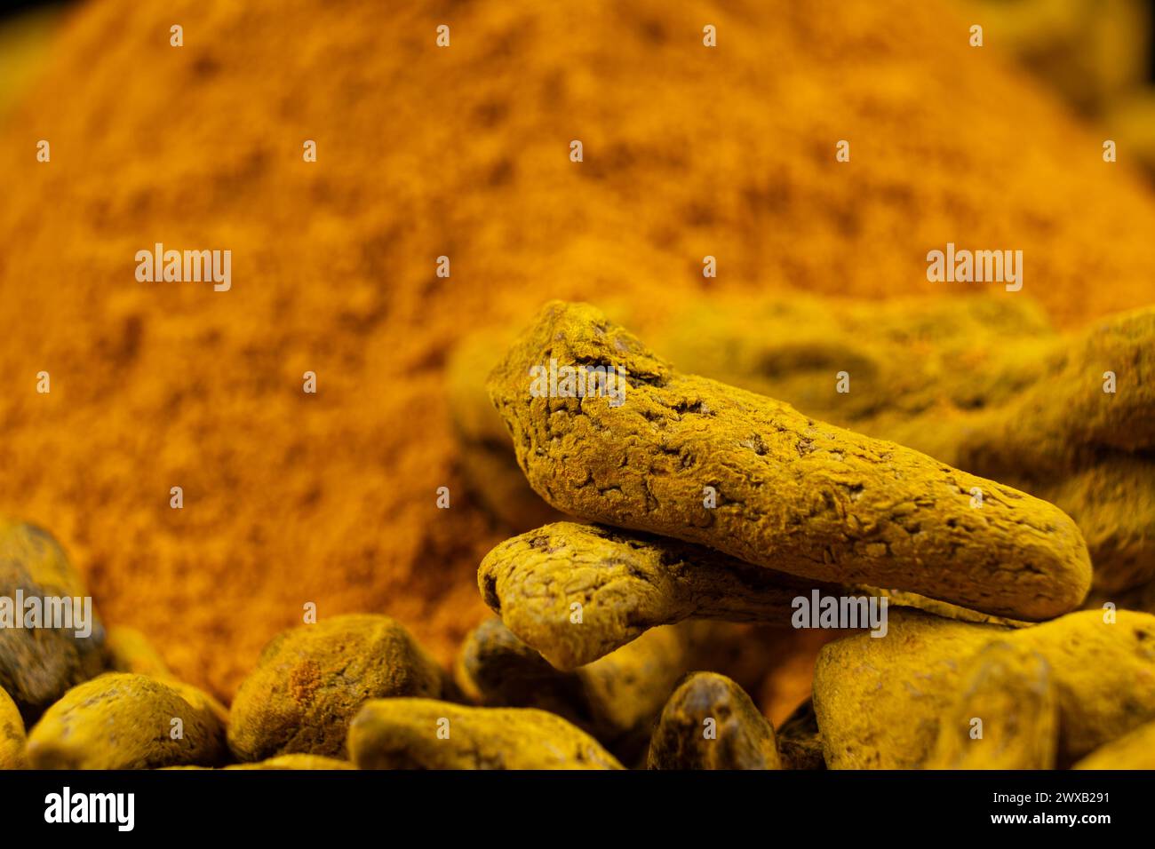 Macro primo piano di radice di curcuma essiccata e polvere di curcuma Foto Stock