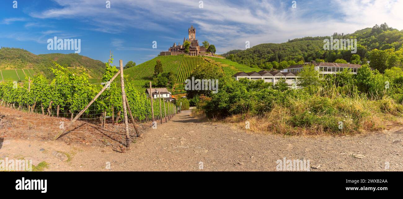Panorama del castello di Reichsburg e dei vigneti di Cochem, splendida cittadina sul fiume Mosella, Germania Foto Stock