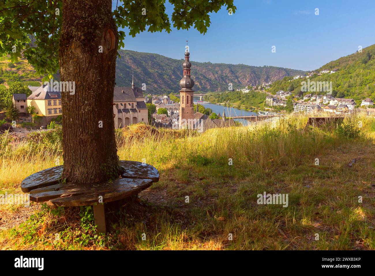 Vista aerea della soleggiata Cochem, splendida città sul romantico fiume Mosella, Germania Foto Stock