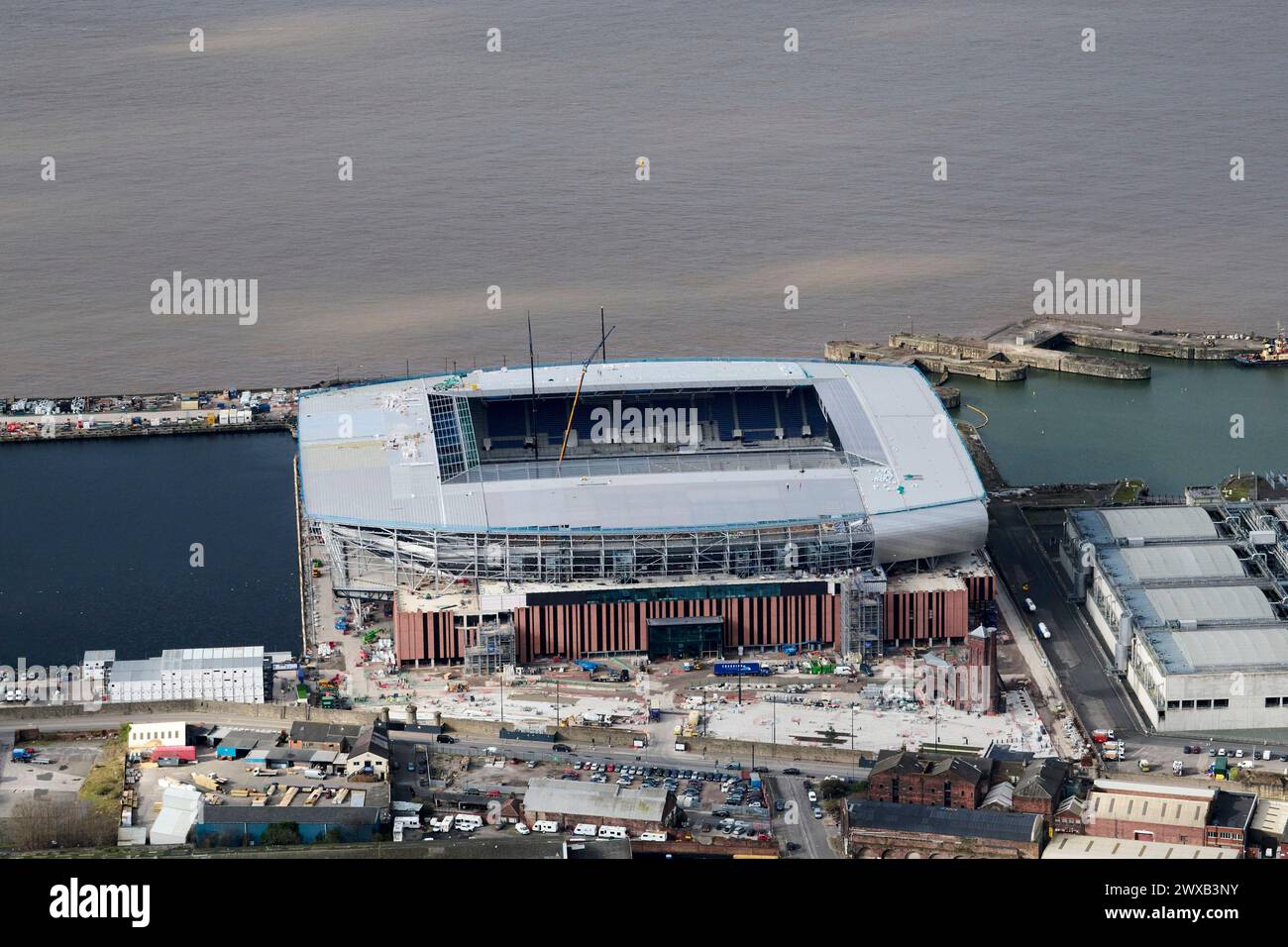 Il nuovo stadio dell'Everton FC Football è in costruzione, Bramley Moore Dock, Liverpool, Merseyside, Regno Unito Foto Stock
