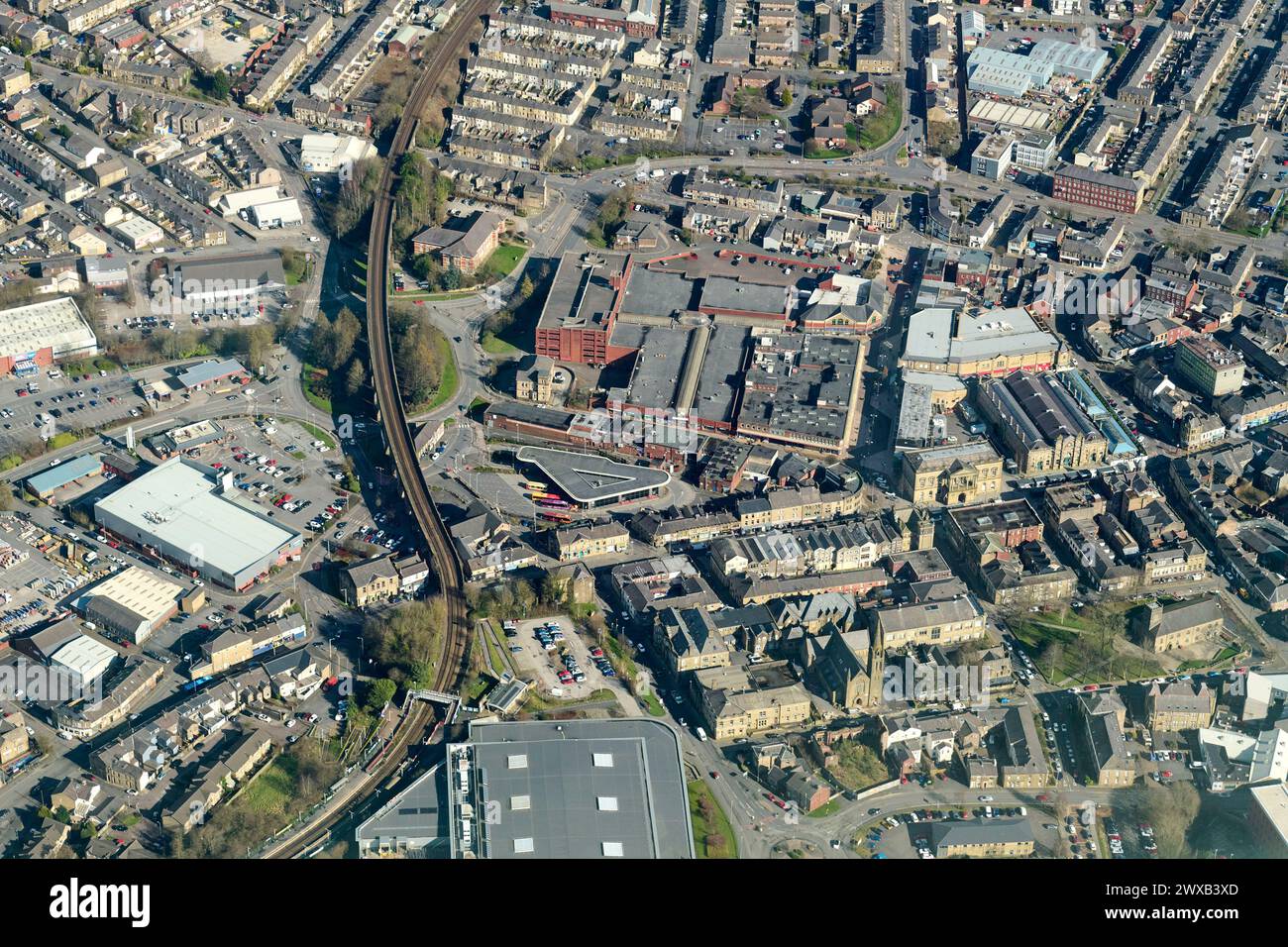 Vista aerea del centro di Accrington, Lancashire, Inghilterra nord-occidentale, Regno Unito Foto Stock