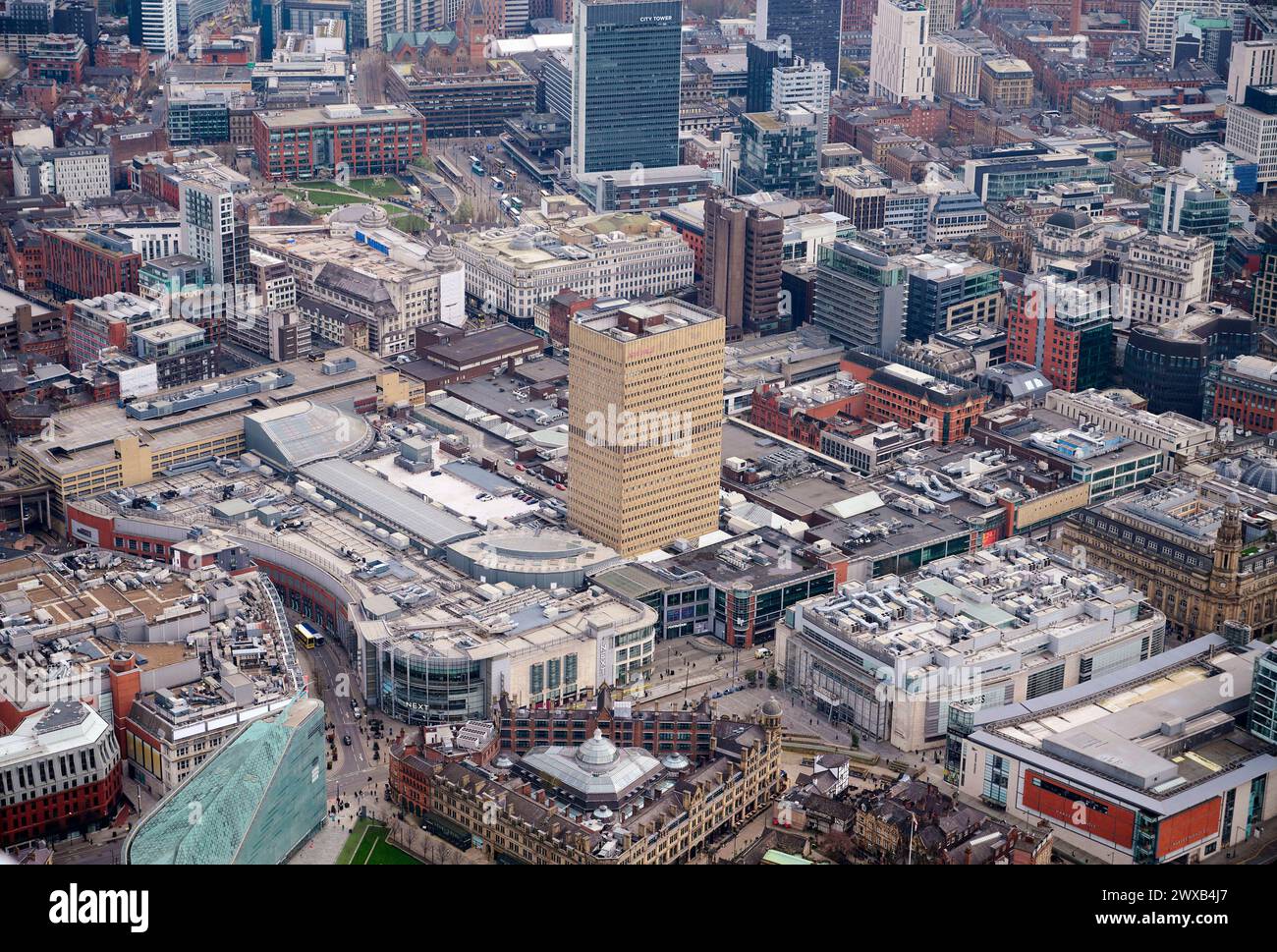 Vista aerea del centro commerciale Arndale e del centro di Manchester, Inghilterra nord-occidentale, Regno Unito Foto Stock