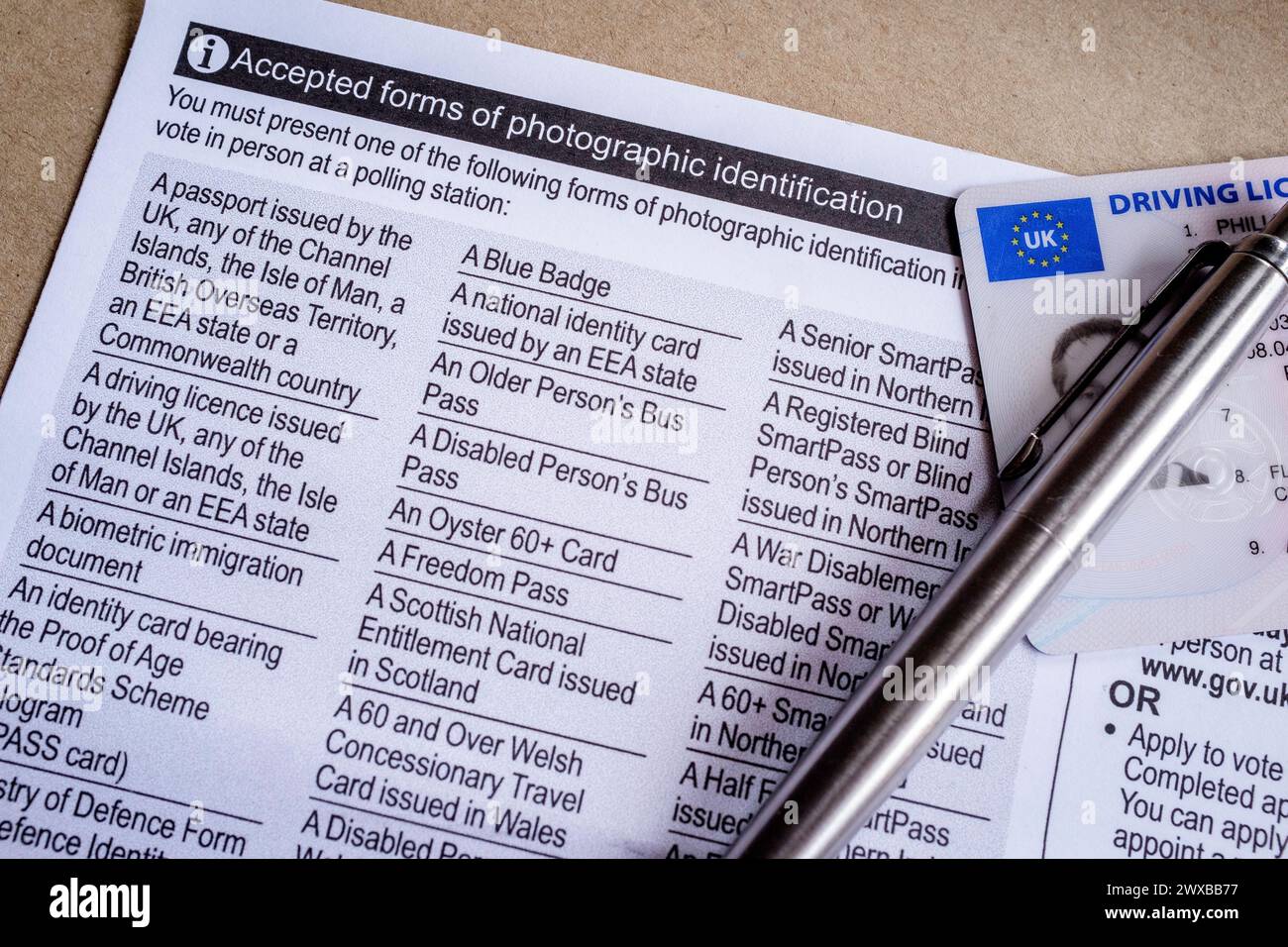 Scheda elettorale per le elezioni della Greater London Authority che dichiara le forme accettate di identificazione fotografica per gli elettori. Foto Stock
