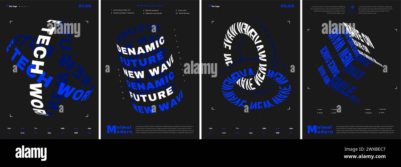 Set di poster futuristici. Figure volumetriche geometriche blu e bianche con iscrizione. Creatività astratta e arte. Volantino e opuscolo. Cartoon Flat vec Illustrazione Vettoriale