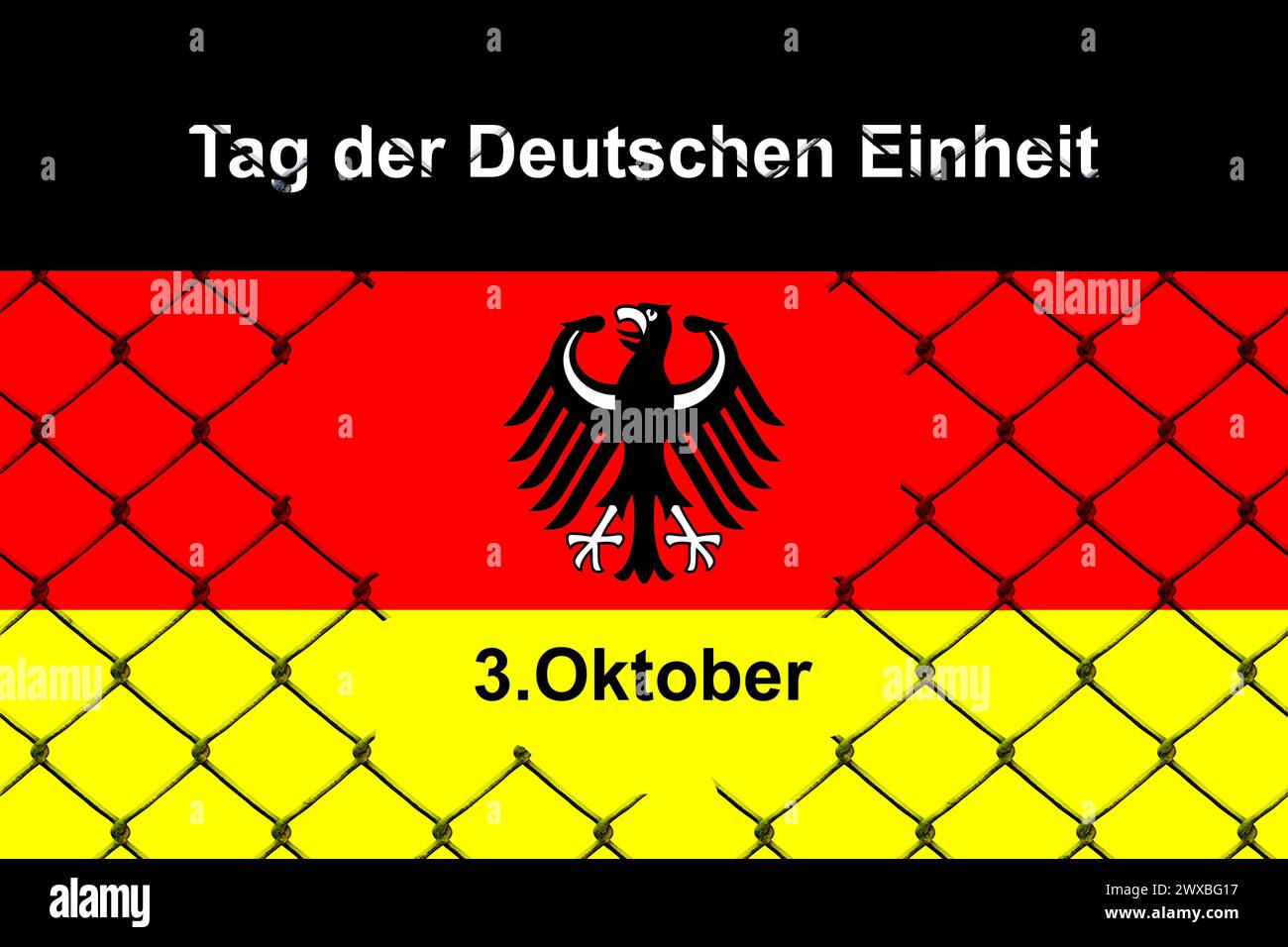 3 ottobre, giorno dell'unità tedesca, aquila federale, colori nazionali, mappa della Germania, nero-rosso-oro, recinzione a maglie a catena Foto Stock