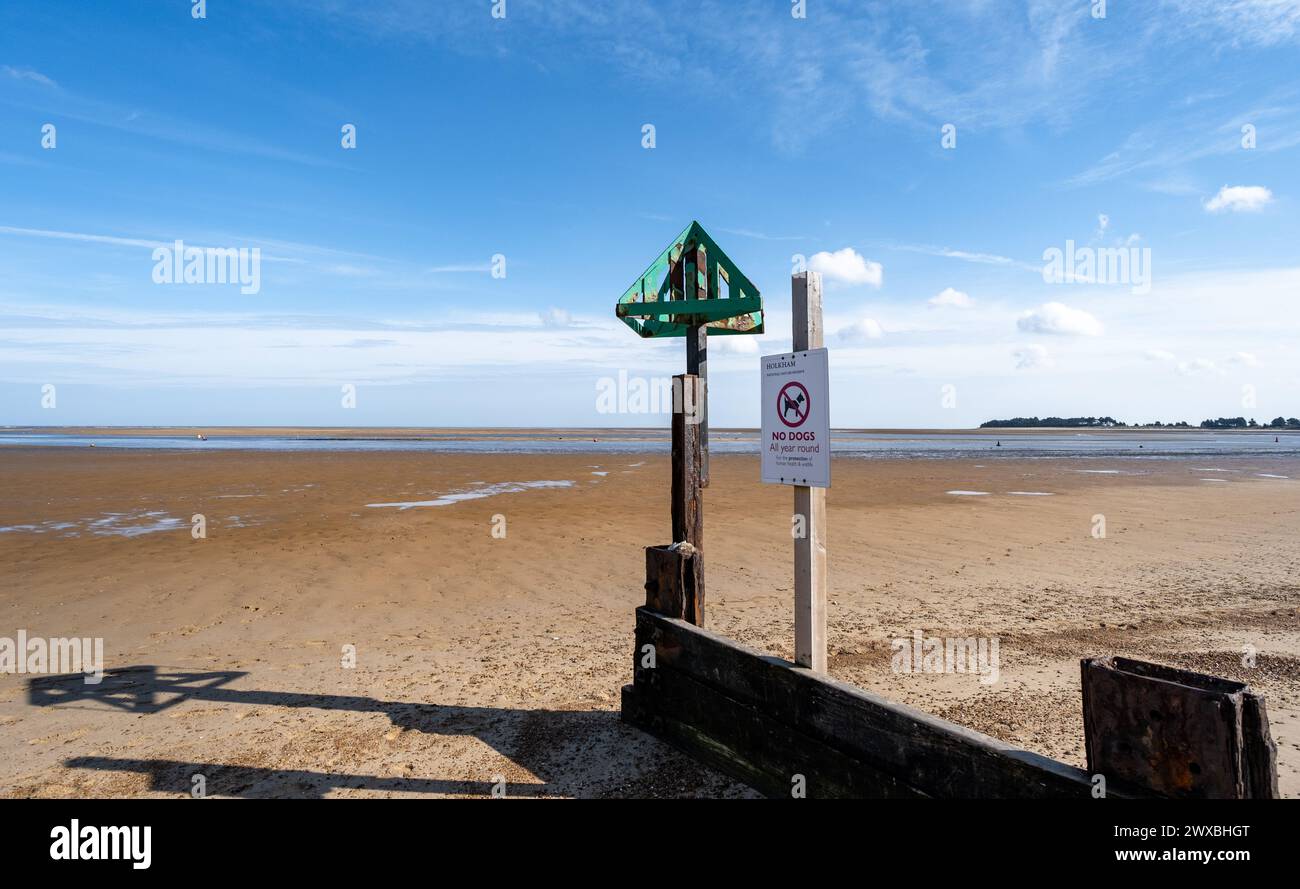 Wells, Norfolk, Regno Unito – marzo 25 2024. Groyne, segnalino e nessun cartello per cani sulla spiaggia nella città costiera di Wells, nel nord del Norfolk Foto Stock