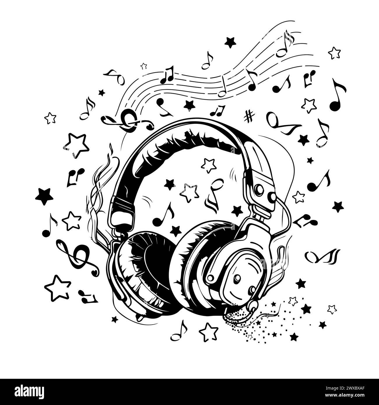 Design musicale. Musica astratta. Cuffie e note. Stampa di T-shirt. disegno a mano. Non IA. Illustrazione vettoriale Illustrazione Vettoriale