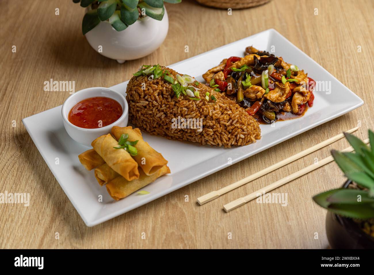 Delizioso piatto di cucina asiatica con involtini primavera e riso Foto Stock