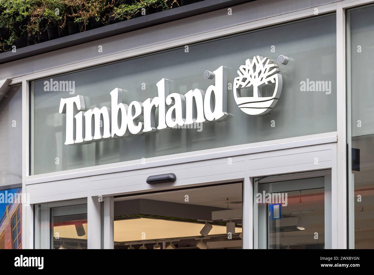 Dettaglio della segnaletica del marchio e del logo di un negozio Timberland. Dettaglio di un cartello Timberland Shop. Foto Stock